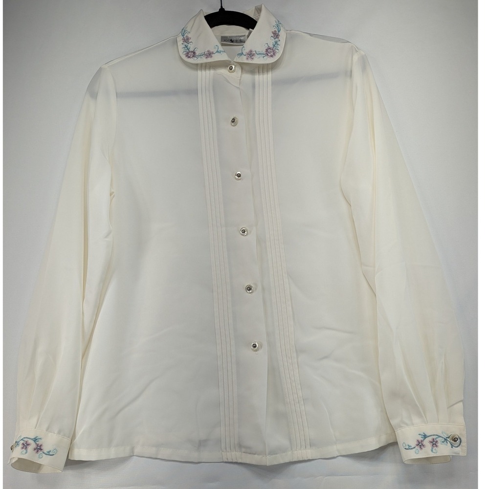 Koret Vintage Cream‎ Embroidered Floral Peter Pan Collar Pintuck Blouse Size 8